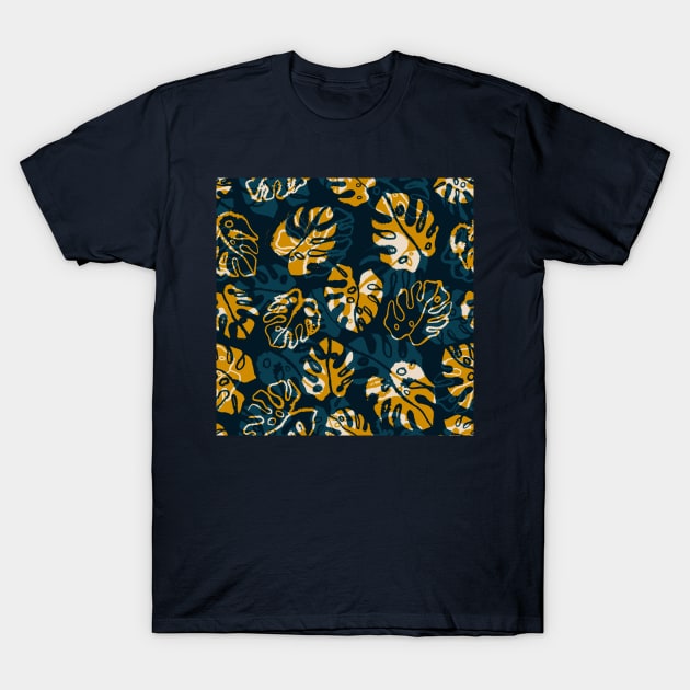 Navy Monstera Leaves T-Shirt by Carolina Díaz